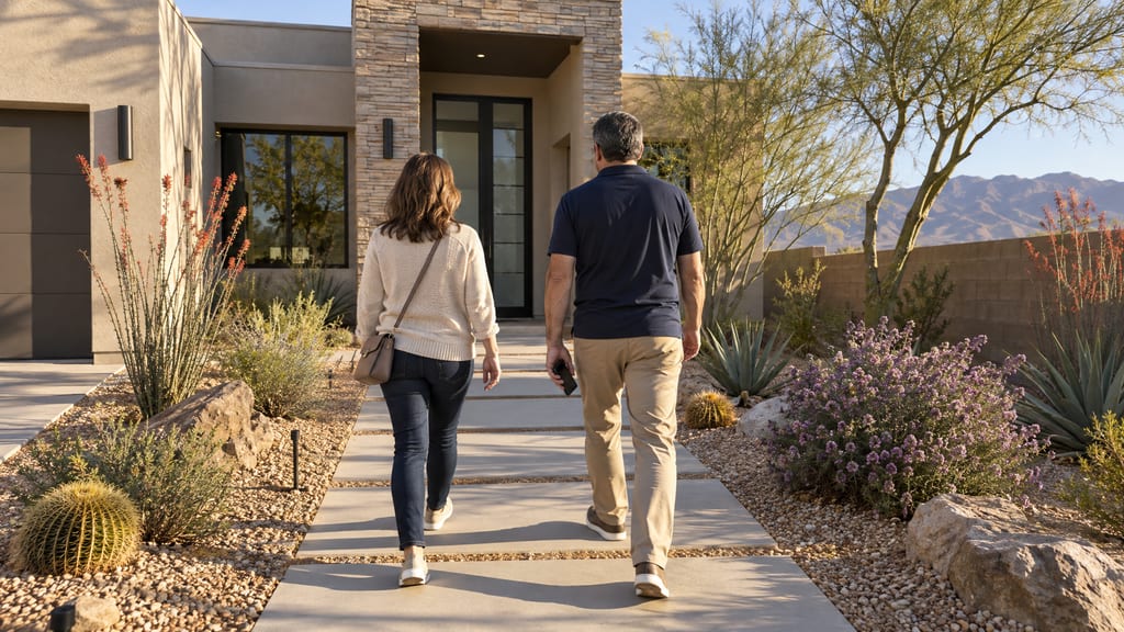 Two people seen from behind walking up a paver path to the front door of a contemporary desert home