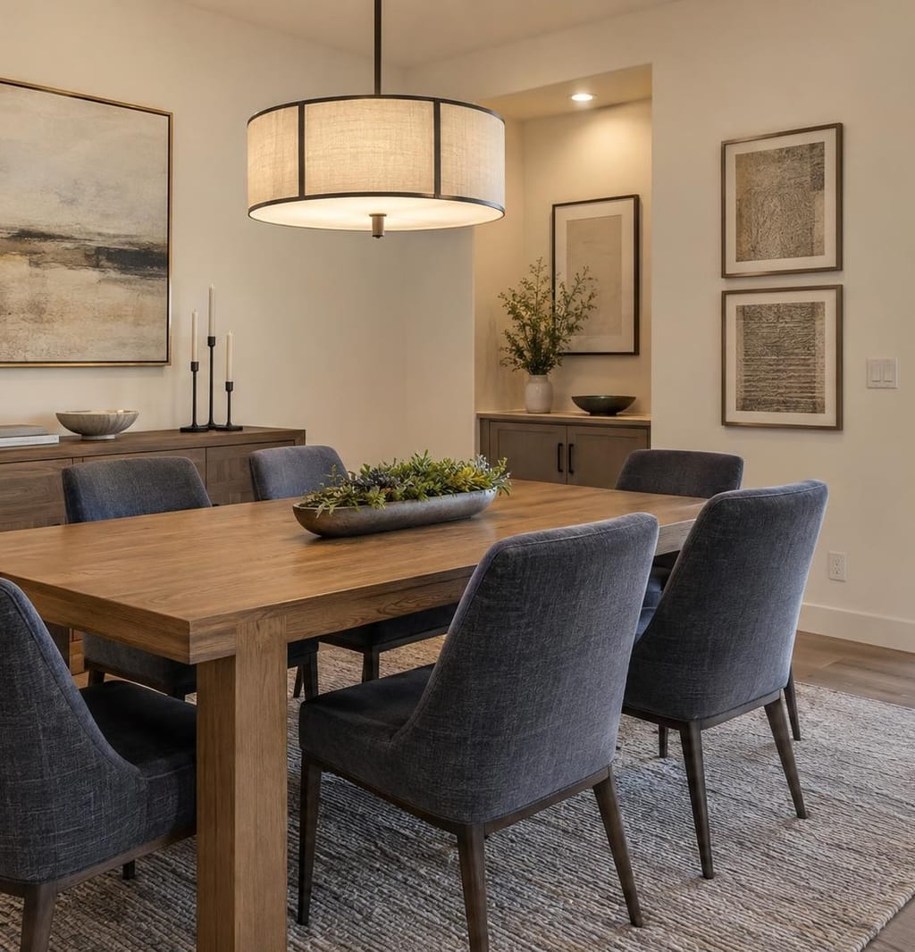 A staged dining room with a wood table, gray upholstered chairs and a drum pendant light