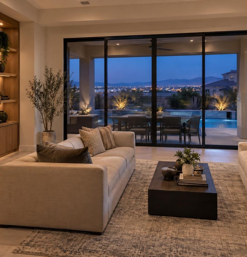 A living room at dusk with a glass wall opening to a lit pool and city lights