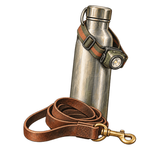 A drawing of a headlamp strapped around a metal water bottle beside a coiled brown dog leash with a brass clip.