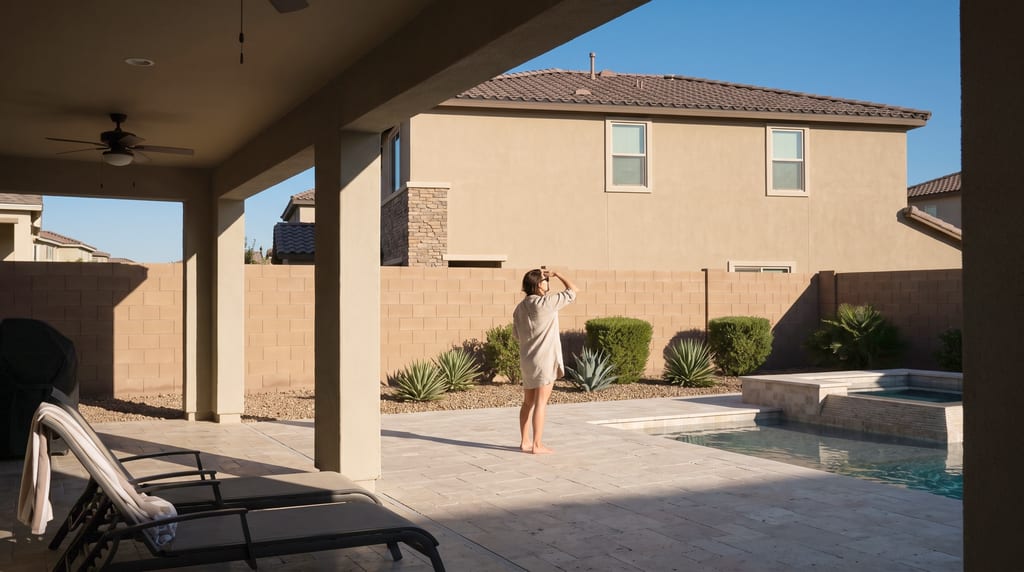 A woman shades her eyes beside a backyard pool, facing the upstairs windows of a house beyond the block wall.
