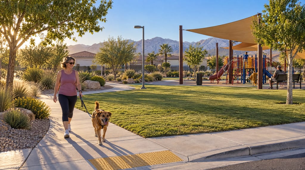 A woman walks a dog beside a lawn and shaded playground, with tile-roofed houses and mountains beyond.
