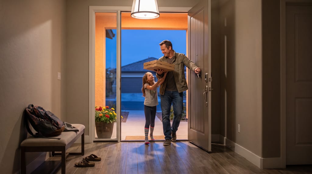 A man holding two closed pizza boxes opens the front door as a girl reaches up toward the boxes.