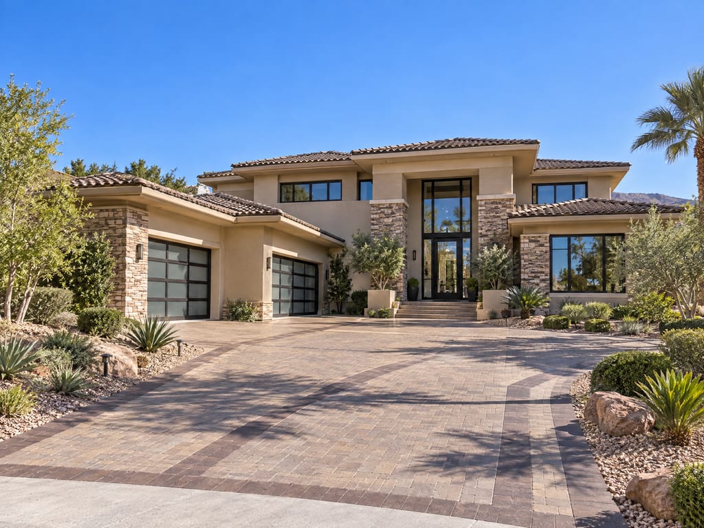 A two-story house of tan stucco and stacked stone with a tile roof, a tall glass entry and two frosted-glass garage doors behind a wide paver driveway.