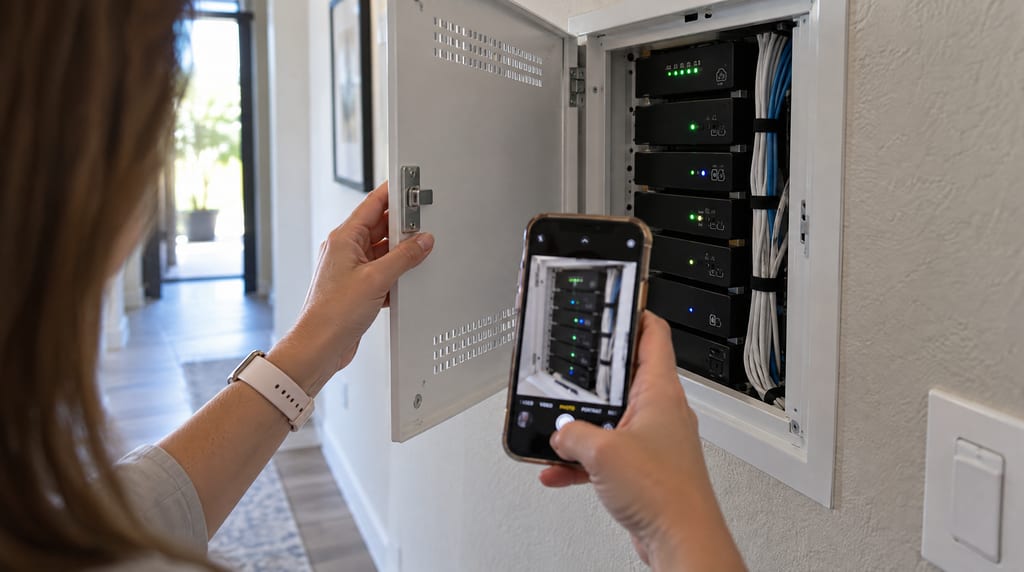 A person holds open a wall cabinet and photographs rows of electronic modules, indicator lights and bundled cables with a phone.