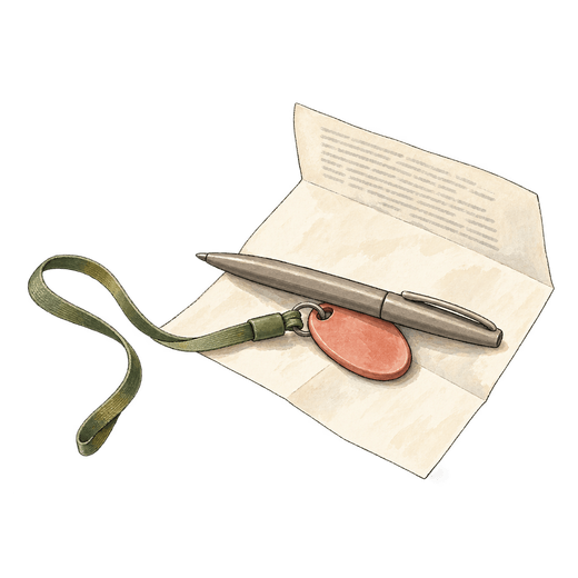 A drawing of a coral key fob on a green lanyard and a silver pen resting on a folded sheet of paper.