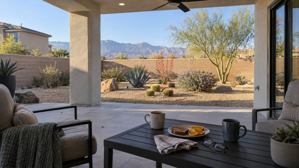 Early-morning breakfast on a shaded covered patio, looking out to a desert-landscaped yard and mountains beyond the block wall.