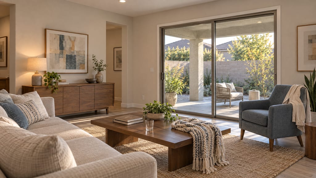 A sunlit living room with a linen sofa, a blue armchair and sliding glass doors to a covered patio.