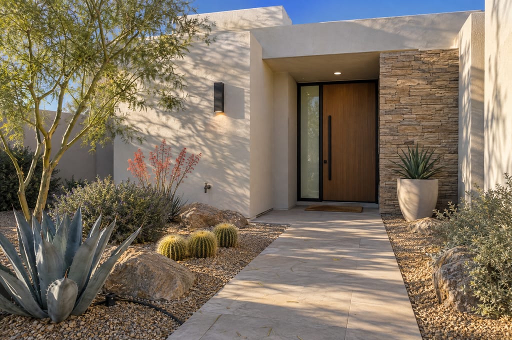A contemporary stucco home entrance with a wood front door, a stacked-stone wall and desert landscaping along a paver walkway.