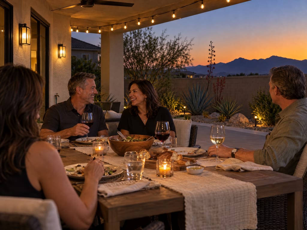 Four friends talking over dinner on a covered patio at dusk, with string lights and mountains silhouetted beyond the wall.