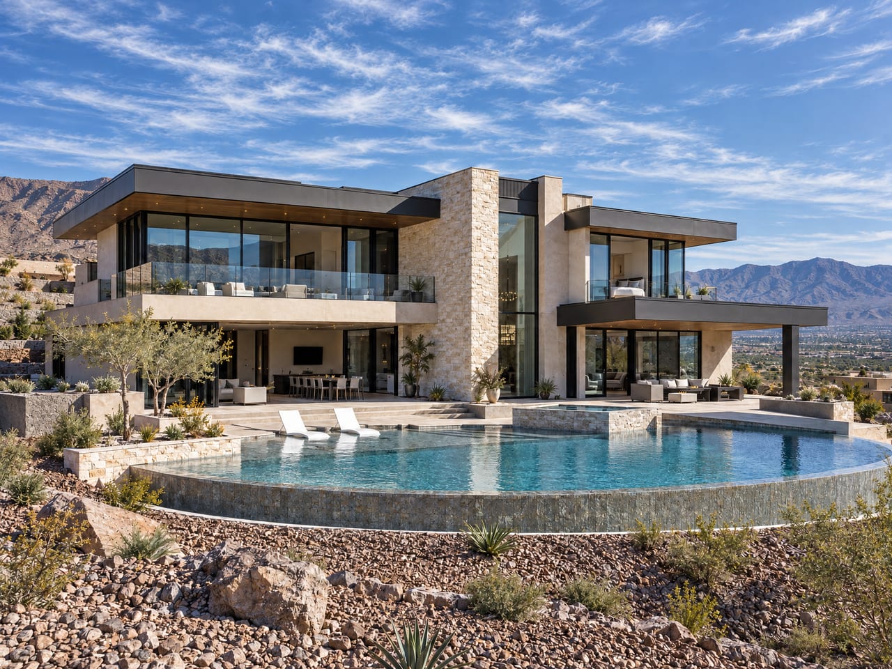 A contemporary two-story home of glass and pale stone with dark cantilevered roofs, glass-railed balconies and a curved infinity-edge pool, set in desert landscaping above the valley with mountains beyond.