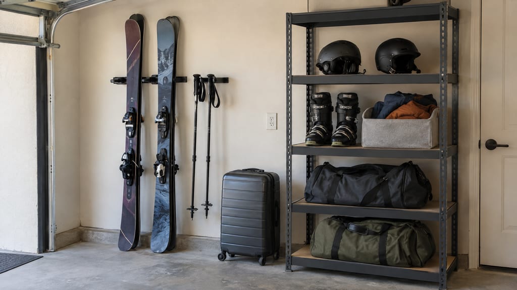 Garage shelves and a wall rack holding skis, poles, boots, helmets, duffel bags and a suitcase.