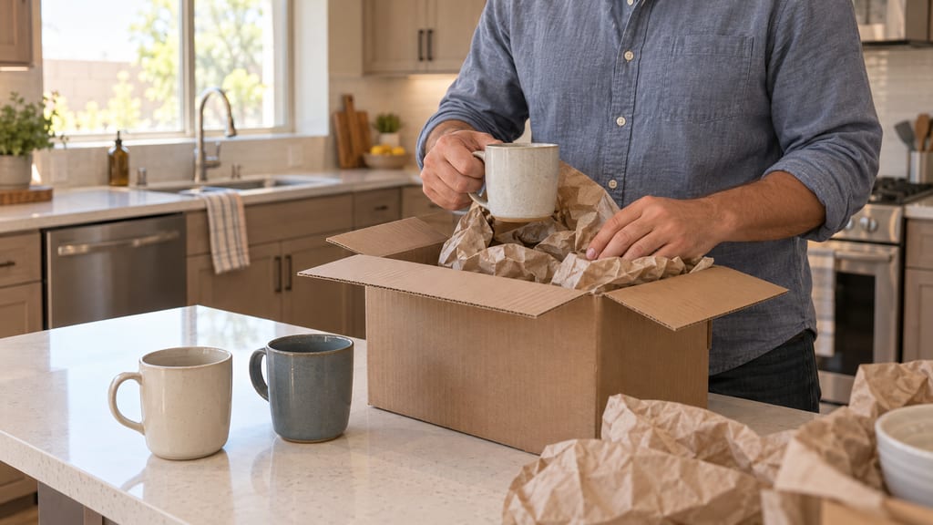 Someone unpacking ceramic mugs from a moving box at a kitchen counter.