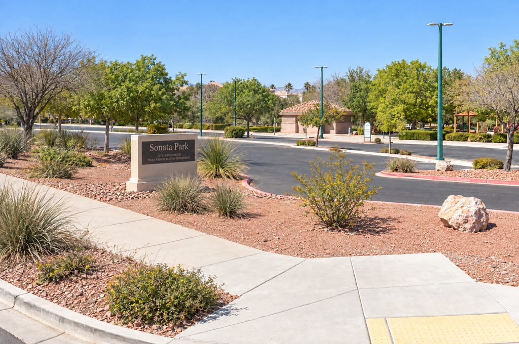 A stone sign reading Sonata Park, City of Henderson Parks and Recreation Department, stands among desert plants at the edge of the park’s parking lot, with a small tile-roofed building, shade trees and a play area beyond.