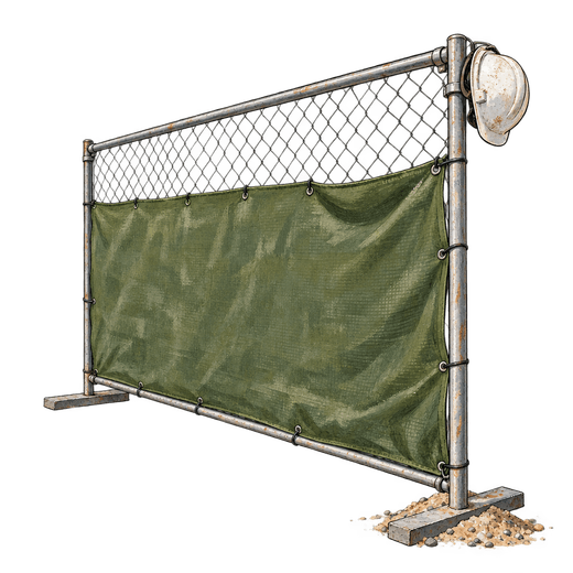 A drawing of a construction fence panel, chain-link along its top and an olive screen tied over the rest, with a scuffed white hard hat hung on one post and gravel around its foot.