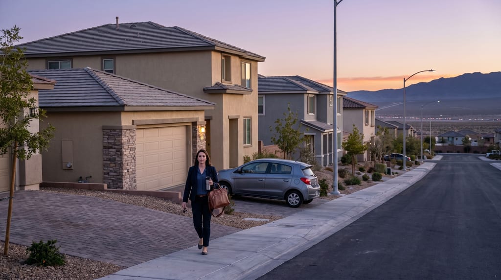 At twilight, a woman carrying a travel mug and a brown bag walks along a sidewalk past two-story stucco houses and a gray hatchback, with valley lights and dark mountains beyond the rooftops.