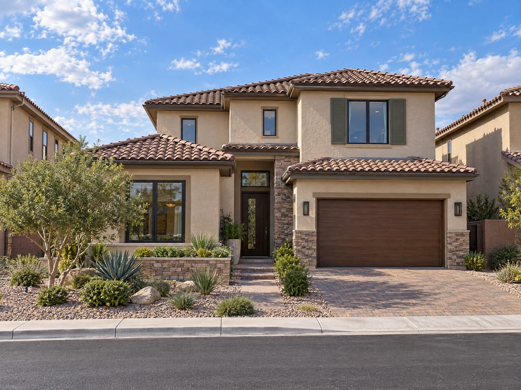 A two-story stucco house with a tile roof, a stone-trimmed entry and a wood-look garage door, behind a front yard of gravel, agave and shrubs.