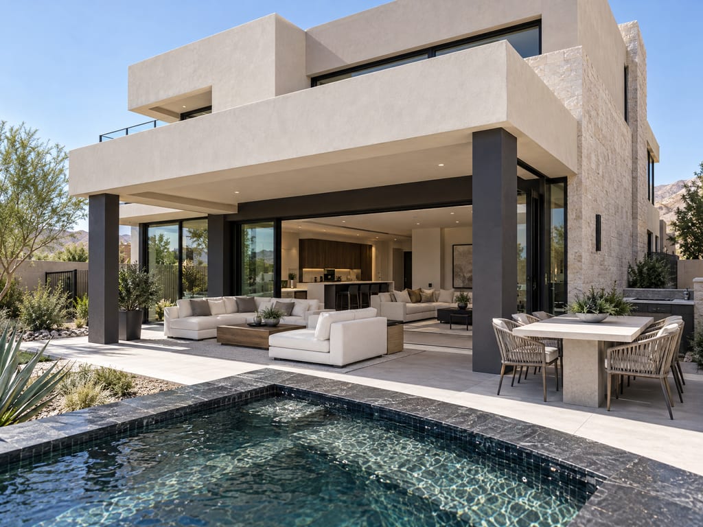 A covered back patio with white sofas and an outdoor dining table opens through wide glass doors to a living room and kitchen, with a small pool in front.
