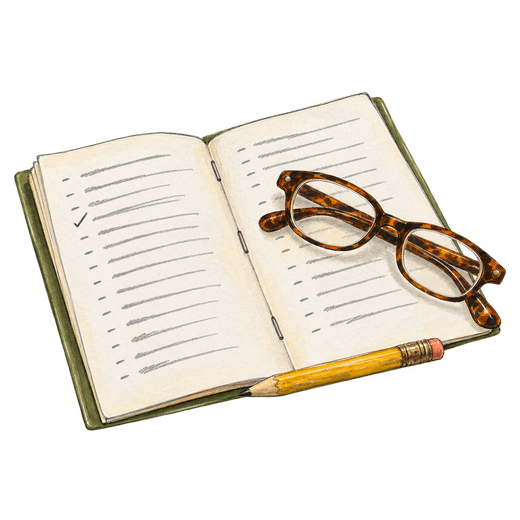 An illustration of an open stapled booklet with a green cover and rows of pencil scribble, one checked off, with folded tortoiseshell glasses on the right page and a yellow pencil along its lower edge.