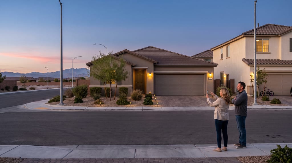 A woman holds up a phone and points across the street at a one-story stucco house with its lights on beside a two-story house, while a man next to her stands with folded arms.