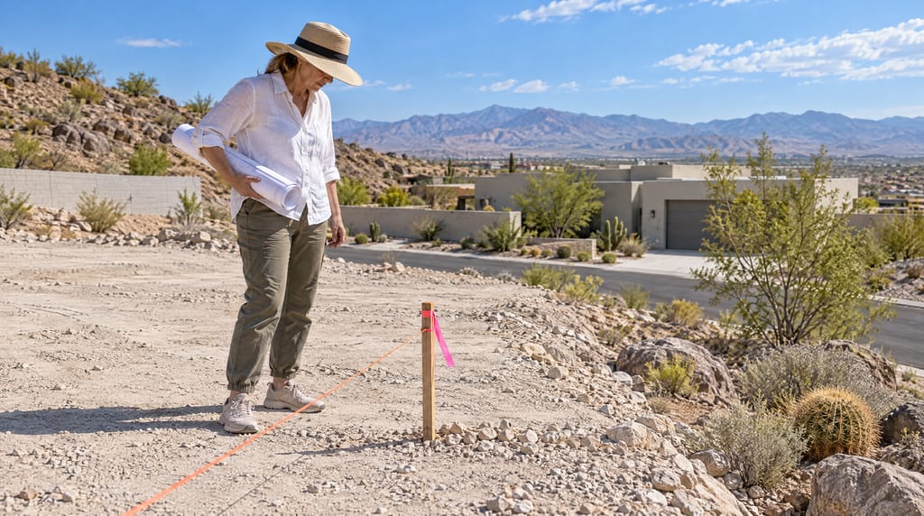 A woman in a sun hat with rolled drawings under her arm looks down at a pink-flagged stake and string line on a graded desert lot, with a flat-roofed house across the street and mountains beyond.
