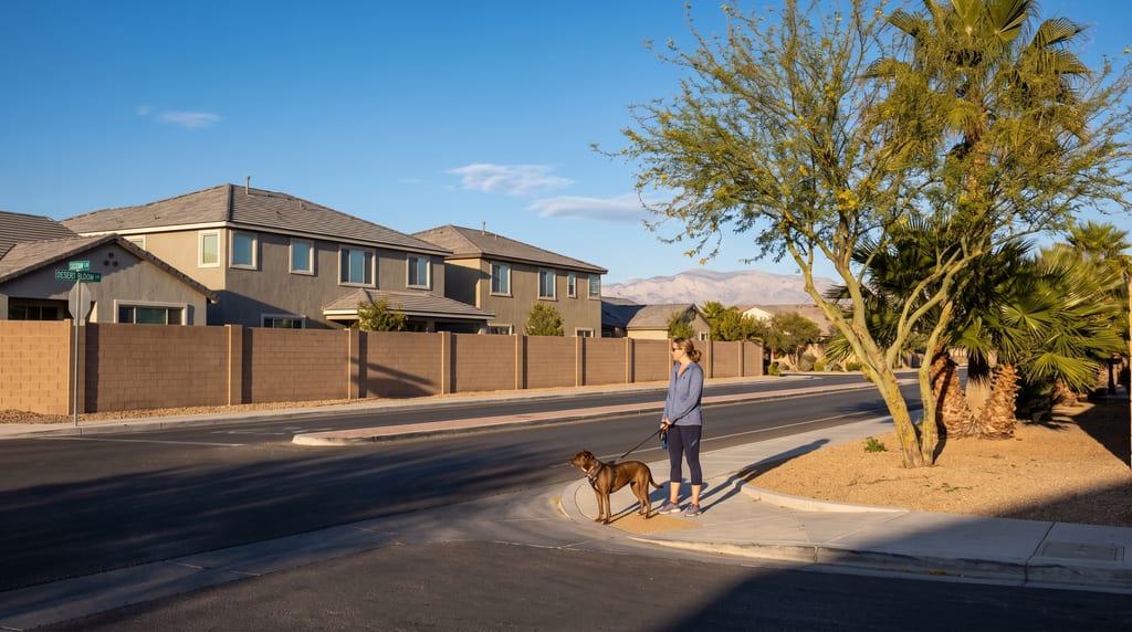 A woman with a brown dog on a leash stands at a street corner beside a palo verde and palms, with a block wall and two-story houses across the divided road and pale mountains beyond.