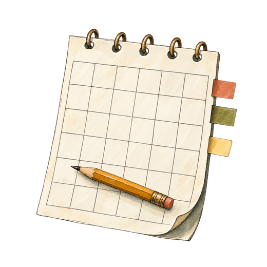 An illustration of a ring-bound paper pad with a blank grid of squares, an orange pencil lying across its lower rows, and three tabs in coral, olive green and yellow along its right edge.