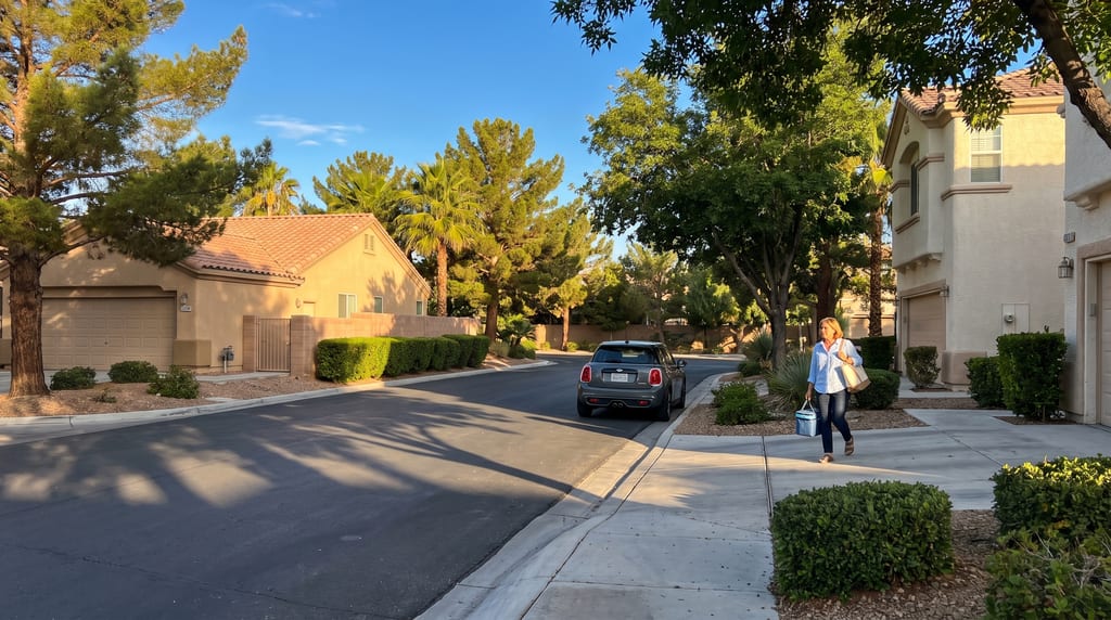A woman carries a tote and a small cooler along a driveway beside a tree-lined street with stucco homes and a parked gray car.