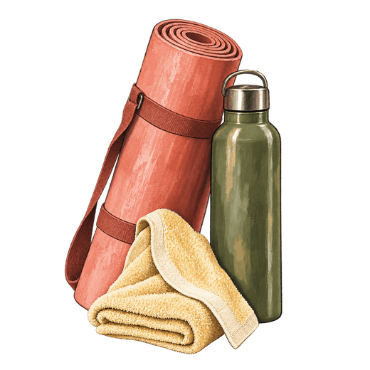 Illustration of a rolled coral exercise mat with a carrying strap, a green water bottle with a metal cap, and a folded yellow towel.