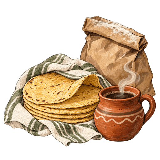 Illustration of stacked tortillas in a green-and-white striped cloth beside a brown paper bag and a steaming clay mug.