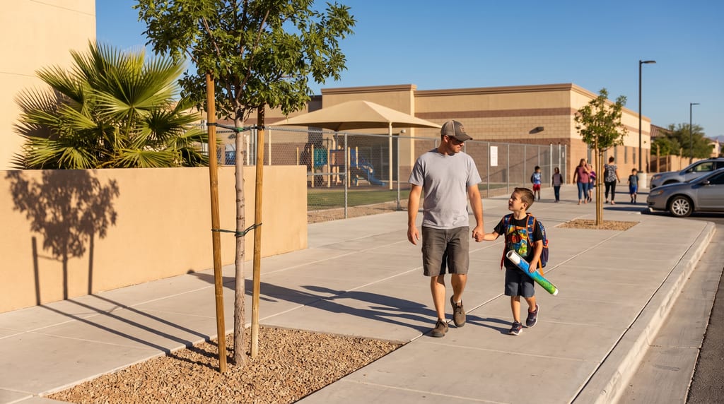 A man and a boy with a backpack and rolled artwork hold hands on a sidewalk beside a fenced playground and parked cars.