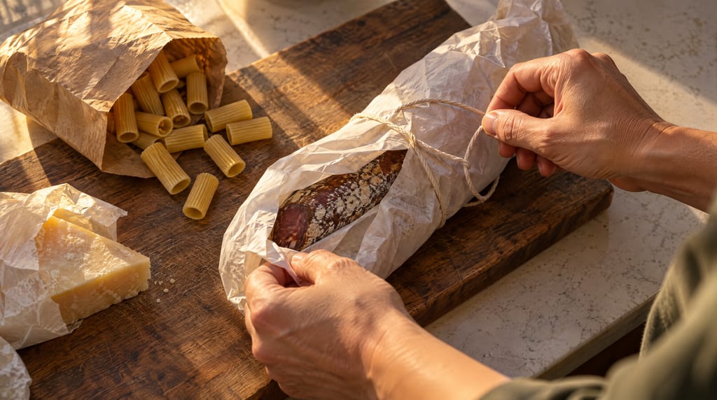 Hands unwrap a paper-covered salami on a wooden board beside dried pasta spilling from a paper bag and a wedge of cheese.