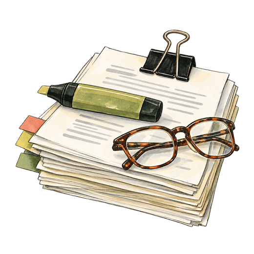 Illustration of a thick binder-clipped stack of papers with coloured sticky tabs, a highlighter lying across it and a folded pair of reading glasses.