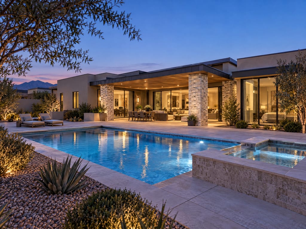The backyard of a single-storey modern house at dusk: a covered patio on stone columns, lit rooms behind glass walls, and a pool with a raised spa.