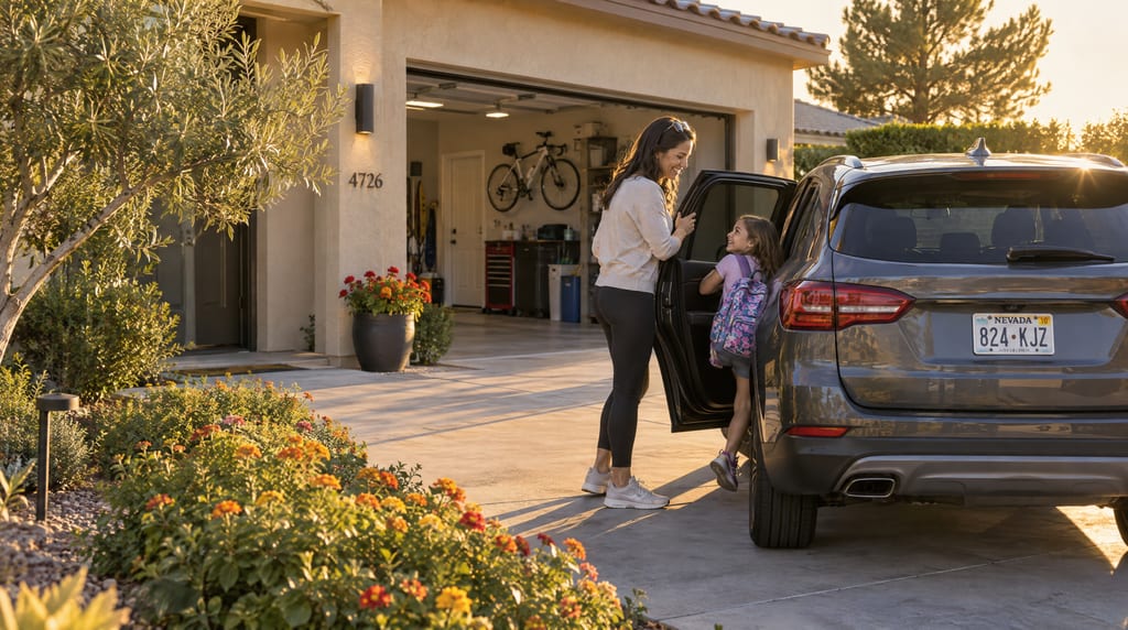 Early morning on a driveway: a woman holds the car door while a girl with a backpack climbs into the back seat. The garage stands open behind them with a bicycle hanging on the wall, and low sun lights the stucco and a pot of flowers by the front door.