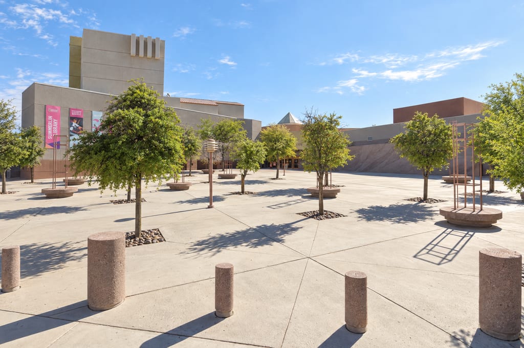 A wide paved plaza with stone bollards and rows of young trees leads to an entrance marked 1771, with a pink Summerlin Library banner hanging on the tall gray building to the left.