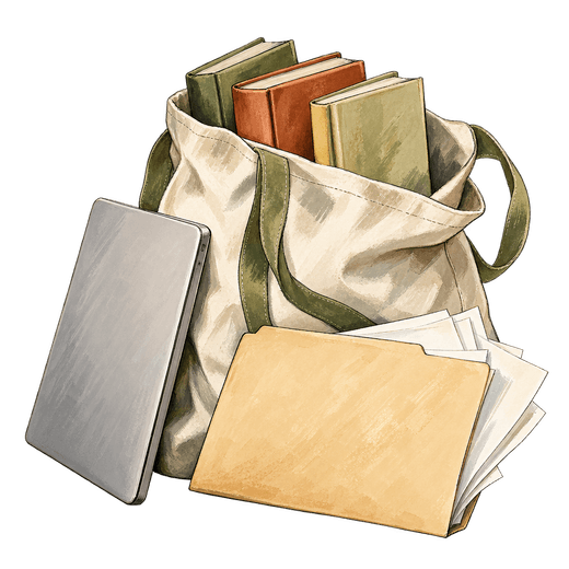 Illustration of a canvas tote with hardback books showing at the top, a closed laptop leaning against it and a folder with loose papers.