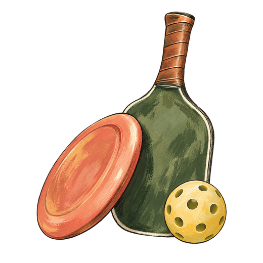 Illustration of a pickleball paddle with a perforated ball at its foot and a disc-golf disc propped against it.