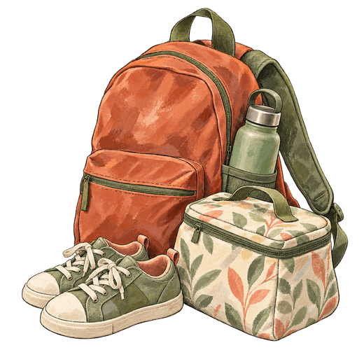 Illustration of a child’s backpack with a water bottle in its side pocket, a lunch bag leaning against it and a pair of small sneakers at its foot.