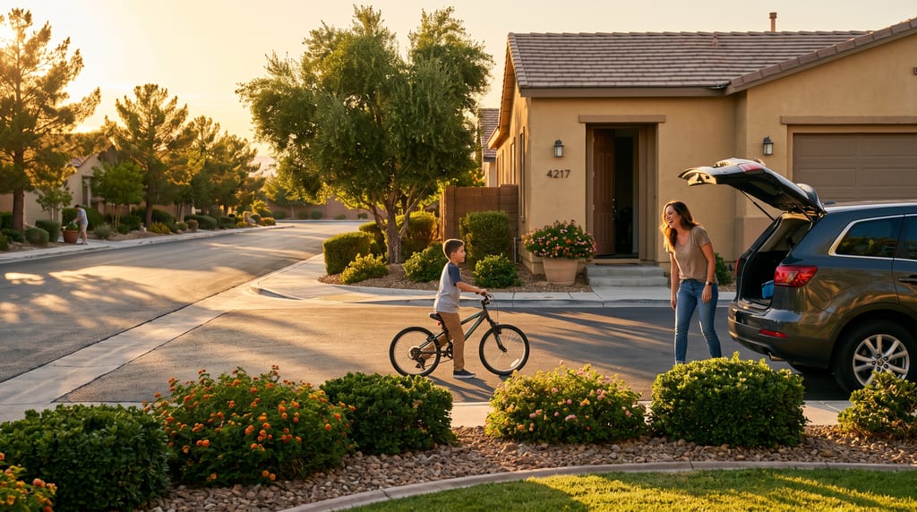 Late afternoon on a suburban street that curves away between single-storey stucco houses. A woman stands at the open tailgate of a car in her driveway, turned toward a boy wheeling a bicycle up the drive; low sun throws long shadows across the road and lights a bed of orange lantana in the foreground.