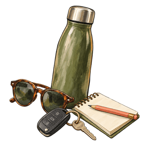 Illustration of an insulated water bottle, sunglasses, a car key fob and a small pocket notebook with a pencil, grouped together.