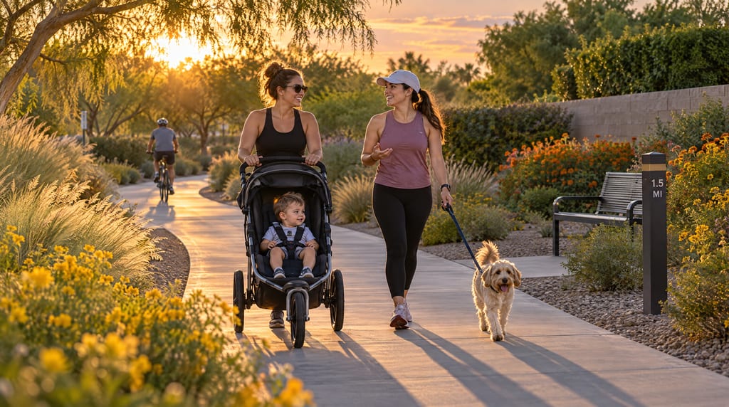 Two women walk toward the camera along a wide concrete trail at sunset, one pushing a running stroller with a toddler in it, a small dog on a lead beside them. Flowering desert planting and grasses line the path, a bench and a distance marker stand to one side, and a cyclist is further back on the bend.