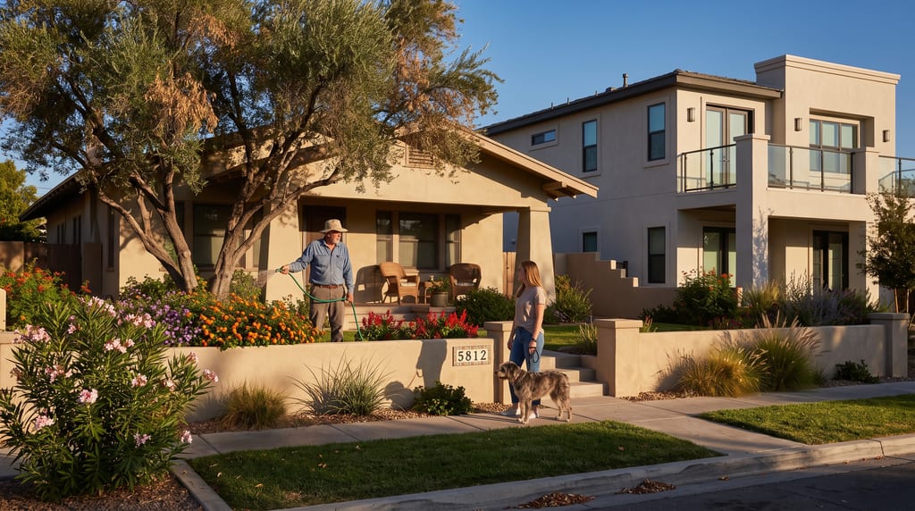 Two neighbouring houses of visibly different ages: a low, wide-eaved older house with a large olive tree and a flowering front garden, and a taller, squarer two-storey house beside it. A man with a hose in the older garden talks to a woman who has stopped on the sidewalk with her dog.