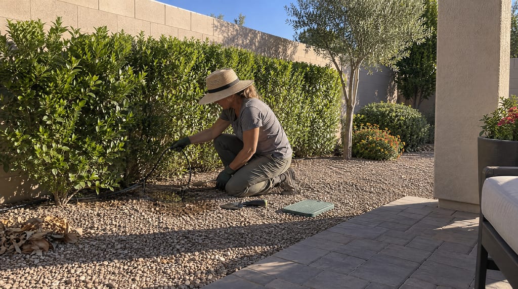 A woman in a sun hat and work gloves kneels beside a clipped hedge along a stucco block wall, lifting a loop of drip-irrigation tubing out of the rock mulch in low morning sun.