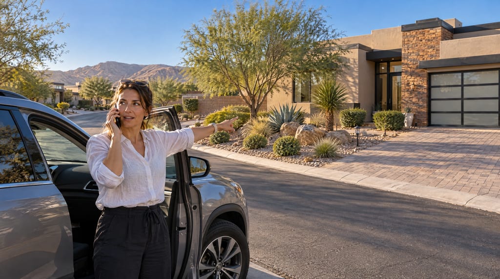 A woman beside an open car door talks on her phone and points toward a stone-and-stucco house, with desert plants and mountains behind her.