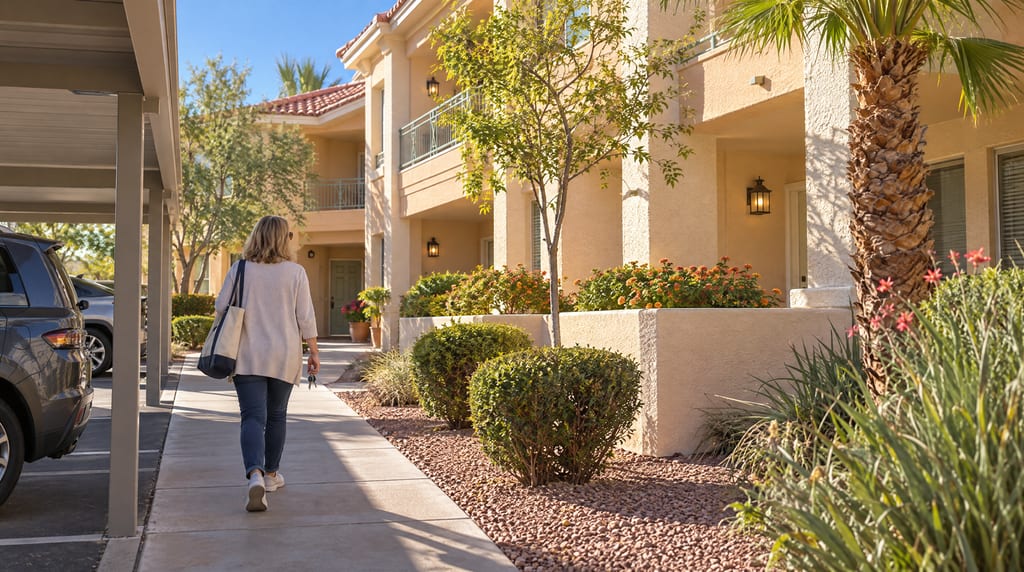 A woman carrying a tote and keys walks between covered parking and a two-story stucco building with balconies and planted courtyards.