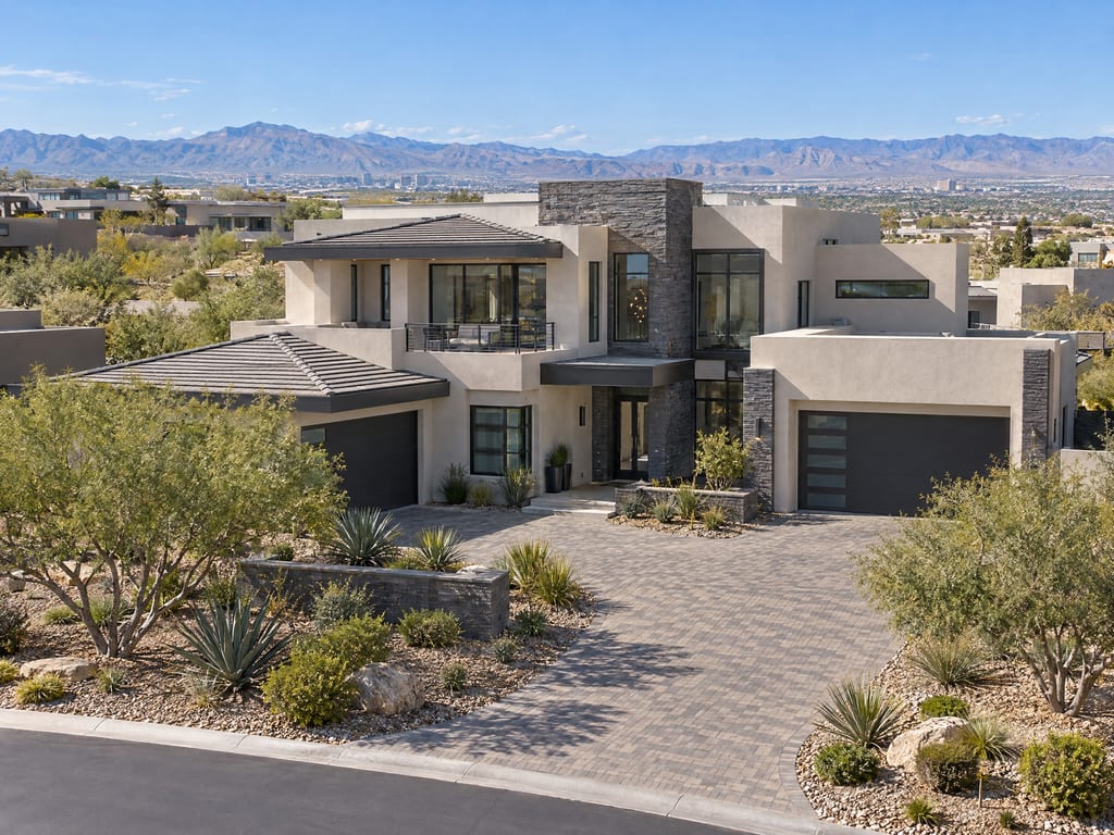 A two-story stucco home with a dark stone tower and two garages on a paver drive, with desert planting in front and a wide valley and mountains behind.