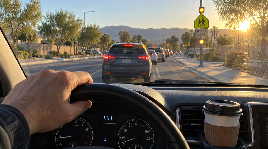 A hand grips a steering wheel beside a clock reading 7:41 and a takeaway coffee cup, with a line of cars and a lit school-zone sign ahead.