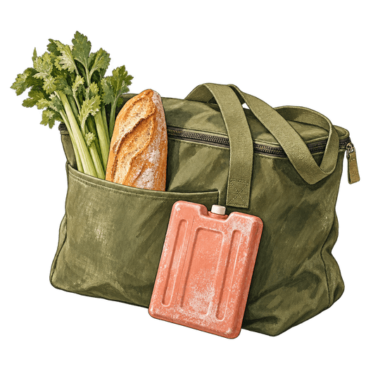An illustration of an olive-green cooler bag with celery and a baguette in its front pocket and a coral freezer pack leaning against it.