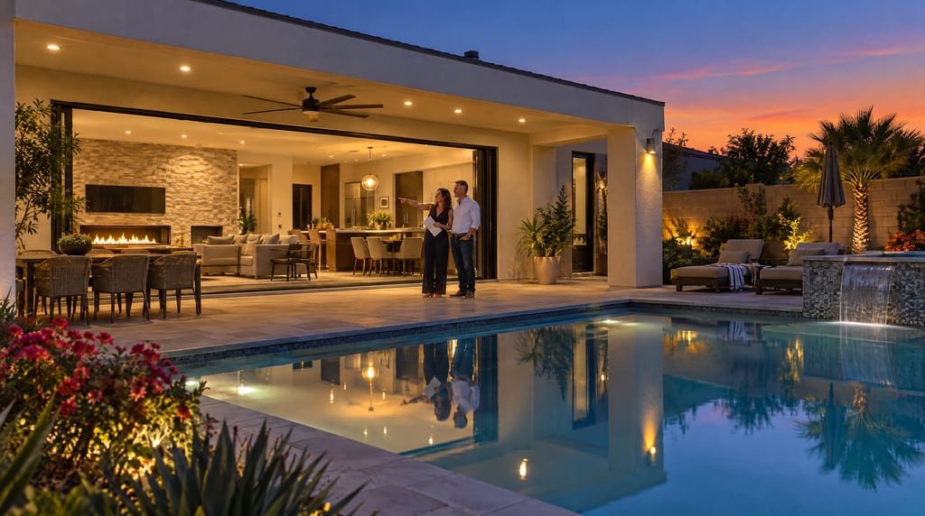 A woman holding papers points inside a brightly lit home while a man stands beside her on a poolside patio at sunset.